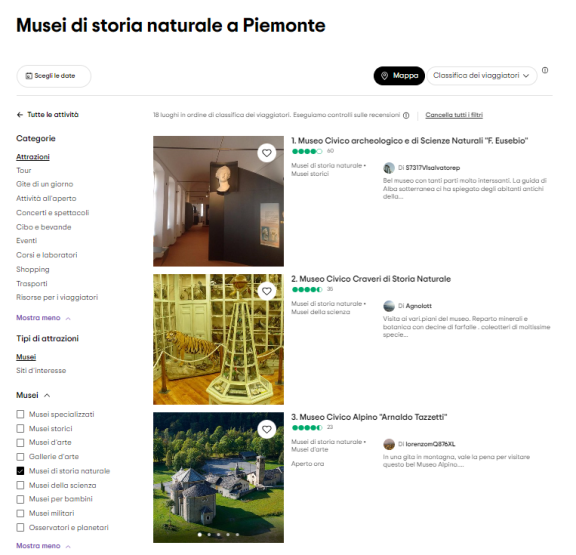 Tripadvisor classifica dei musei di storia naturale del Piemonte